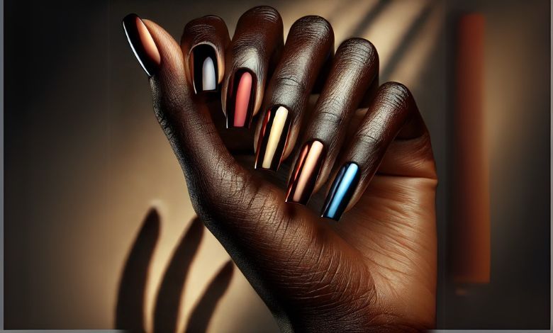 Hands with deep brown skin elegantly displaying chrome nail polish in metallic dark red, shimmering gold, polished copper, and reflective deep blue. The background features a smooth gradient of warm and cool tones, emphasizing the glossy and vibrant finish of the nail colors.