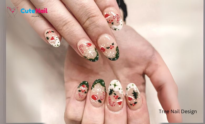 Christmas Press on Nails Medium Almond Green False Nails Winter French Tip Fake Nails with Christmas Tree Design Oval Artificial Nails Medium Length Acrylic Glue on Nails Xmas Stick on Nails for Women