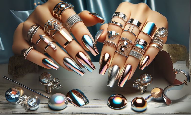 A close-up image of stylish chrome nail polish designs on hands. The designs include metallic French tips, a gradient effect blending two chrome shades, geometric patterns, and holographic overlays. The hands are adorned with matching metallic jewelry like rings and bracelets, enhancing the reflective quality of the chrome polish. The background is minimalistic and modern, emphasizing the chic and trendy nail art.