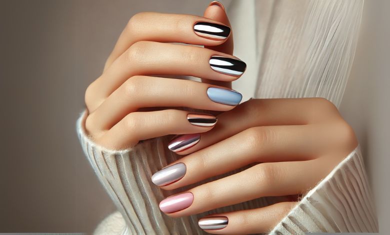 A fair-skinned hand with elegantly styled nails, showcasing chrome nail polish in shades of champagne chrome, pastel pink, icy blue, and light silver against a soft neutral background.