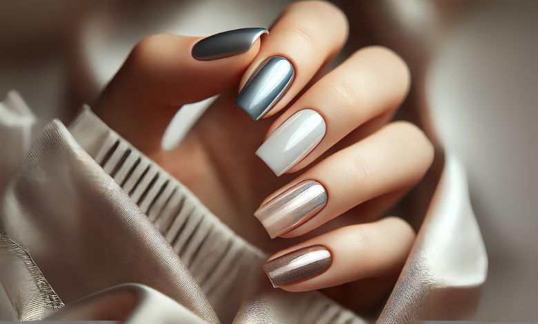 A close-up of a hand showcasing nails painted with a blend of classic silver, pearly white, and multichrome shades that shift colors under different lighting. The nails have a glossy, reflective surface, exuding elegance and versatility. The background features a soft, neutral blur, highlighting the sophisticated nail art.