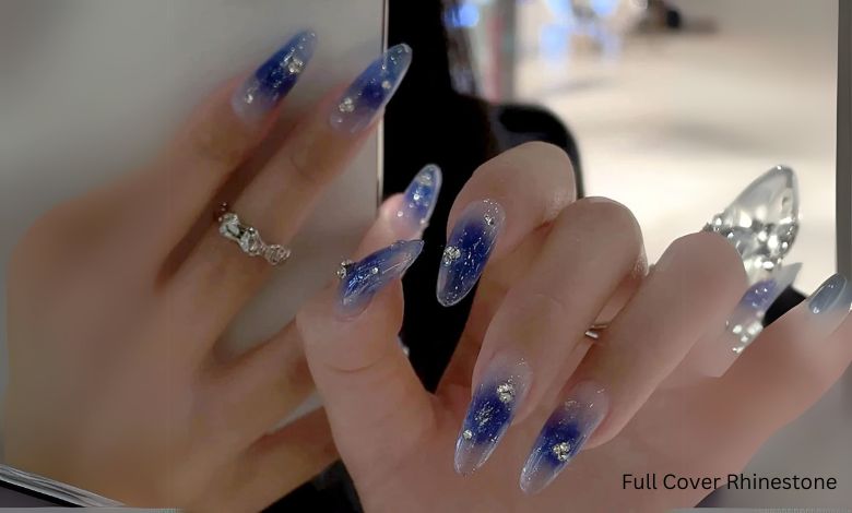 Almond-Glossy-Fog-Blue-Full-Cover-Rhinestones-False-Nails-for-Women-Ballerina-Nail