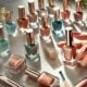 A flat-lay of chrome nail polish bottles on a marble surface, featuring shades like champagne, rose gold, teal, and copper. A nail sample stick displays one swatch, while a hand holds a multichrome polish bottle, showcasing its color-shifting effect. Soft natural sunlight filters in, with a small mirror and lighting samples in the background to illustrate how lighting influences the polish shades.