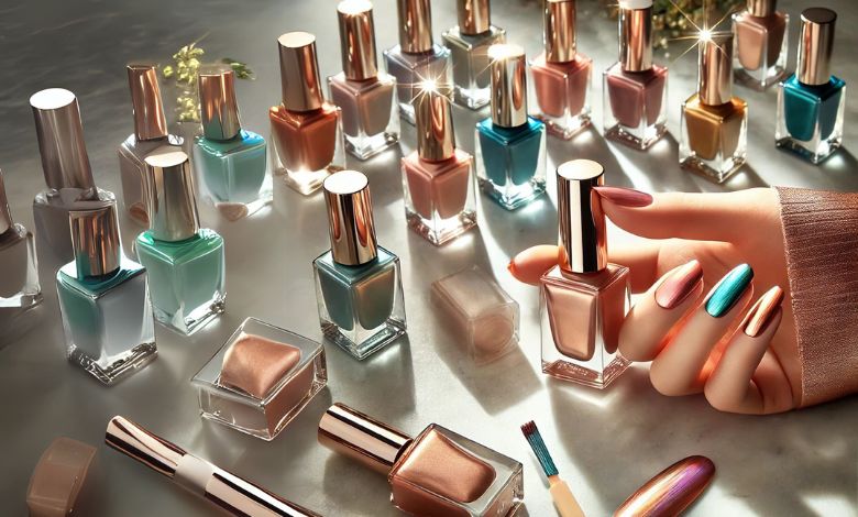 A flat-lay of chrome nail polish bottles on a marble surface, featuring shades like champagne, rose gold, teal, and copper. A nail sample stick displays one swatch, while a hand holds a multichrome polish bottle, showcasing its color-shifting effect. Soft natural sunlight filters in, with a small mirror and lighting samples in the background to illustrate how lighting influences the polish shades.