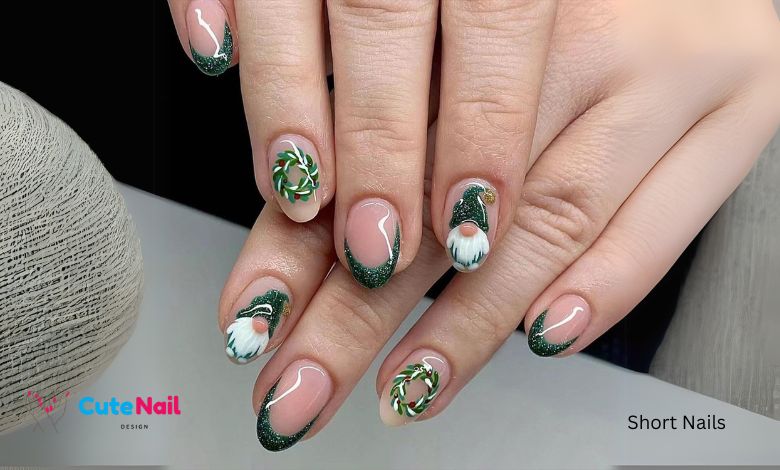 Green Glitter French Press on Nails Short Almond WLGDLH Christmas Fake Nails Nude Pink Full Cover False Nails with Santa Claus Designs Glue on Nails Artificial Nails for Women Girls