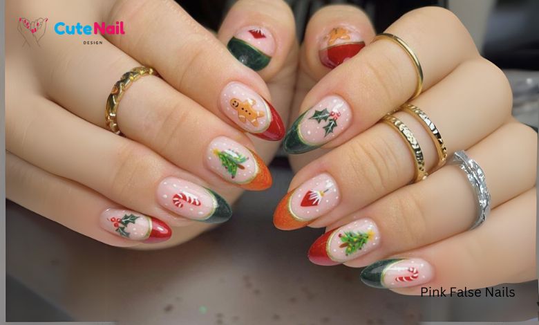 24Pcs Christmas Press on Nails Medium Almond - WLGDLH Colorful French Fake Nails Pink False Nails Press Ons Nail Art Tips With Christmas Tree Elements...