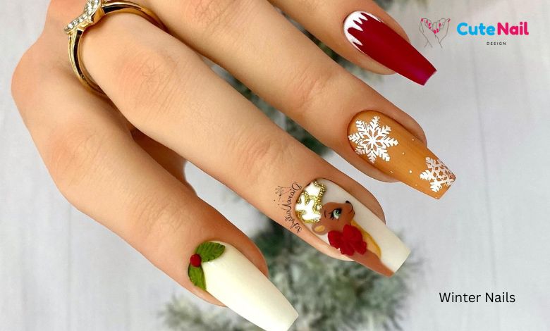 Painted Reindeer Nails Festive Holiday Nail