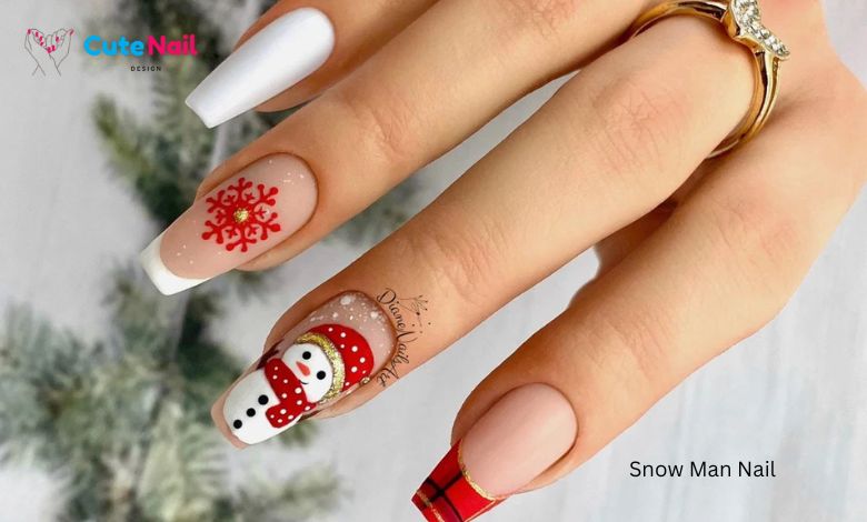 Snow Man Nails Holiday Snowflakes Press on Nails Winter Nails Red Plaid Nails Xmas Glue on Nails Holiday Nails Red and White