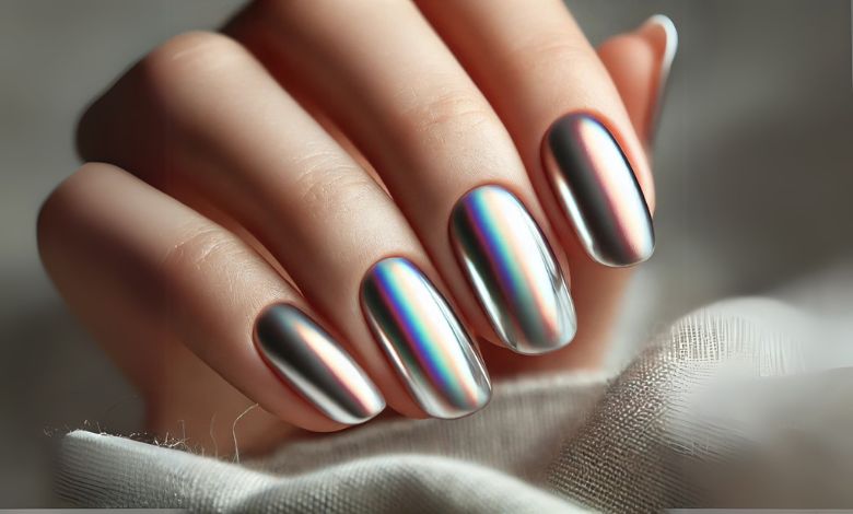 A close-up of nails painted with chrome nail polish, blending classic silver and pearly white tones. The nails feature a smooth, reflective surface with subtle light shifts and a multichrome effect, creating a sophisticated and elegant look. The background is softly blurred in neutral tones to emphasize the polished nails.

