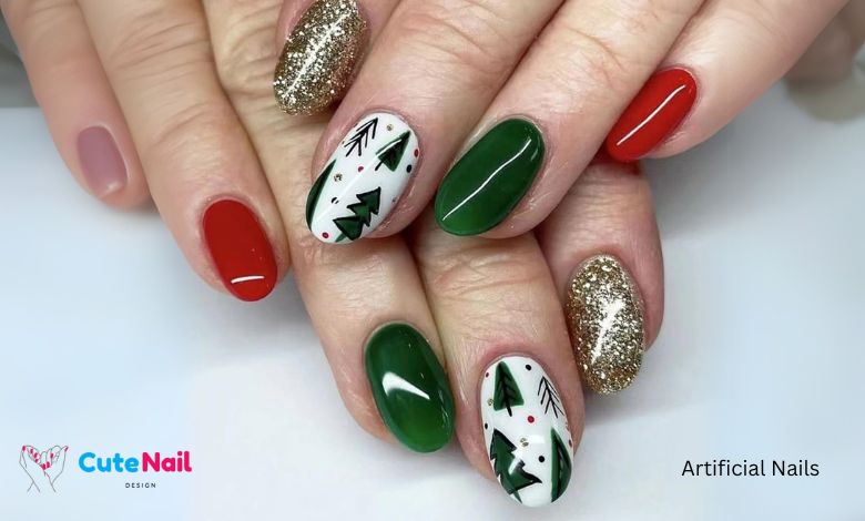 Christmas Press on Nails Almond Short False Nails Christmas Tree Red Green Fake Nails with Design Xmas Artificial Nails Acrylic Glue on Nails Short Acrylic...