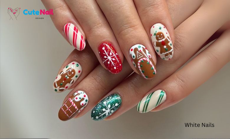 24Pcs Christmas Press on Nails Short Almond WLGDLH Fake Nails Multicolor Full Cover White False Nails with Cute Christmas Snowflake Stripe Designs Glue on Nails Artificial Nails for Women Girls